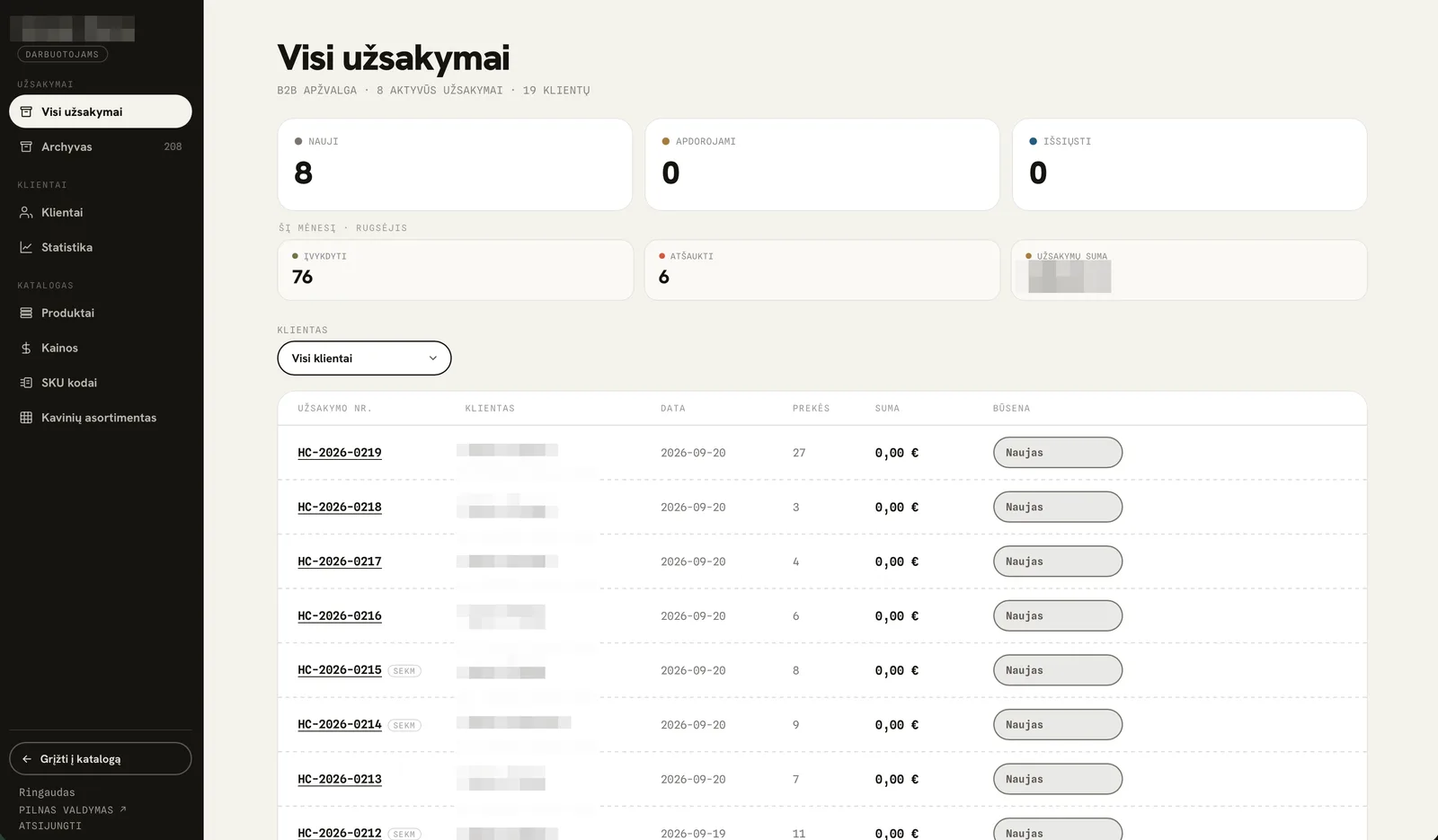 Individuali administravimo aplinka: užsakymų sąrašas, klientai, kainos ir katalogas