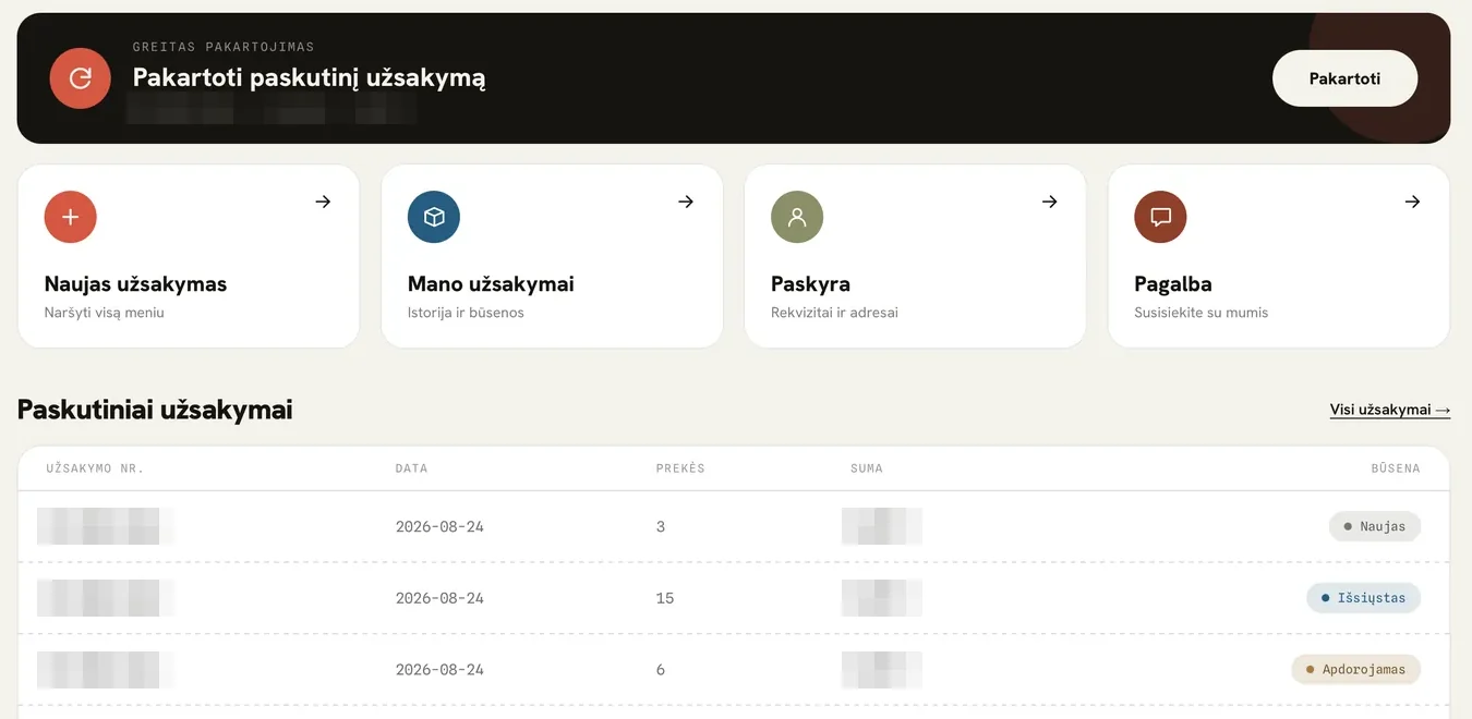 B2B užsakymų portalo pagrindinis langas