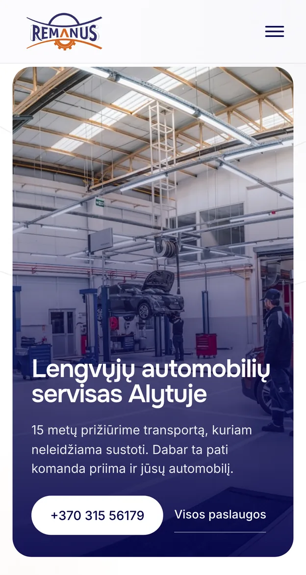 Autoserviso svetainės pirmas ekranas telefone.